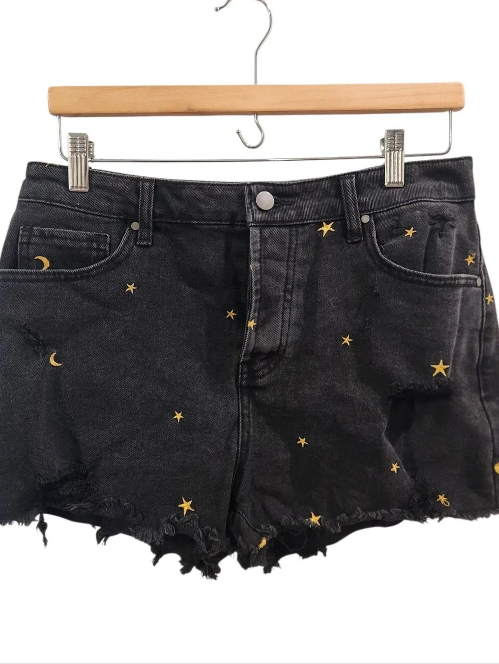 Tinseltown Black Denim Shorts Size 11 Juniors Gold Star Moon Embroidered Distres